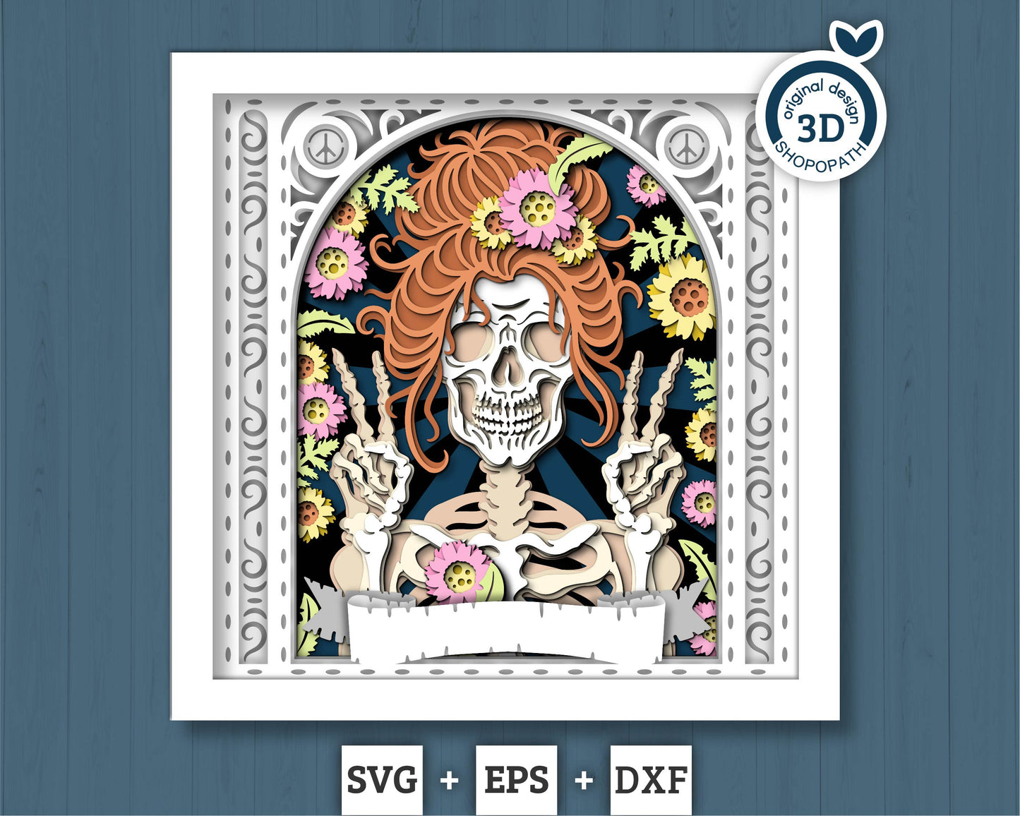 3D SVG Hippie Skeleton Tarot Card Shadow Box, Halloween Shadow Box 3D Svg, Card Read 3D SVG, Flowers 3d SVG, Tarot 3D Svg, Cricut Silhouette