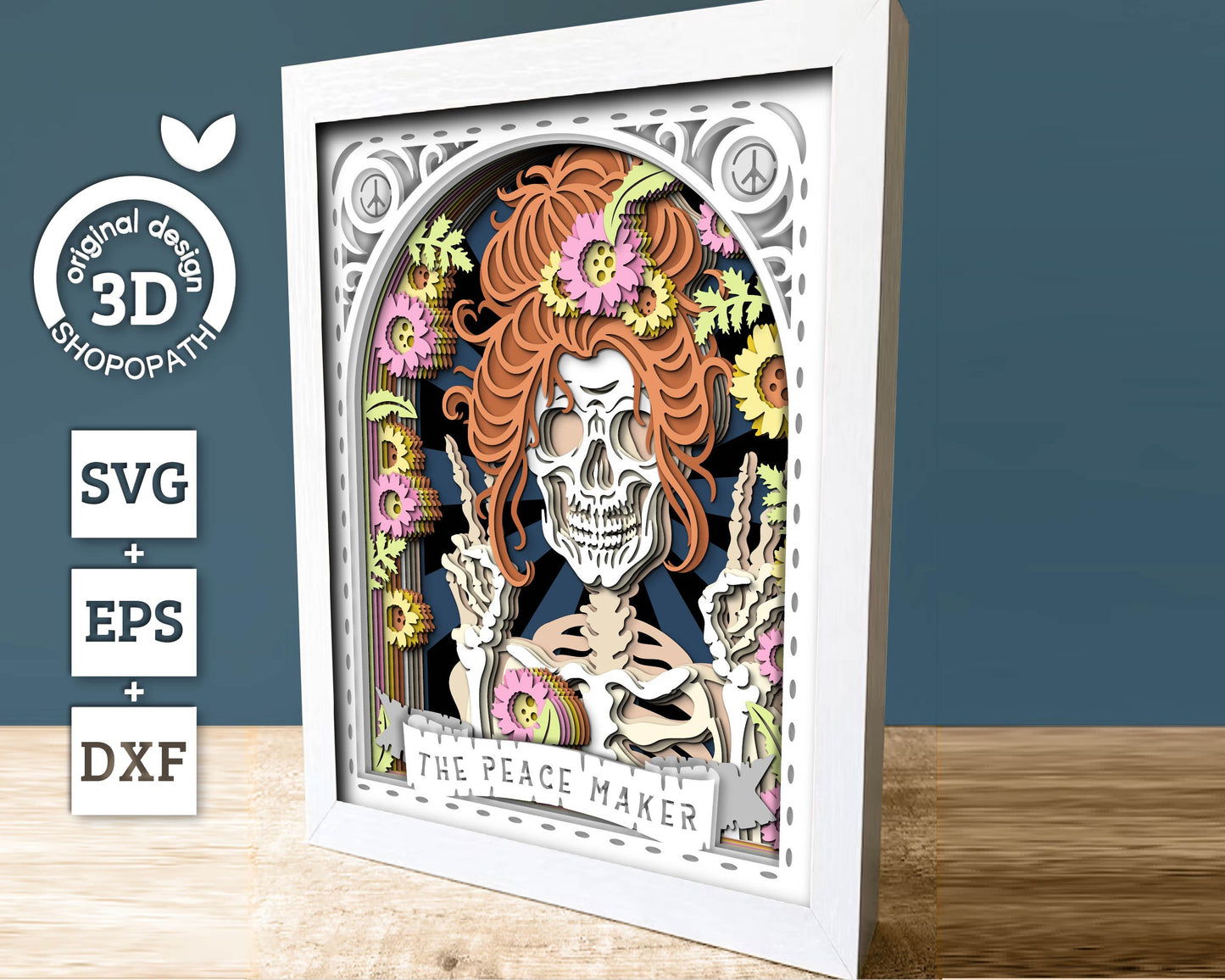 3D SVG Hippie Skeleton Tarot Card 8x10 Shadow Box, Halloween Shadow Box 3D Svg, Cards 3D SVG, Flowers 3d SVG, Tarot 3D Svg Cricut Silhouette