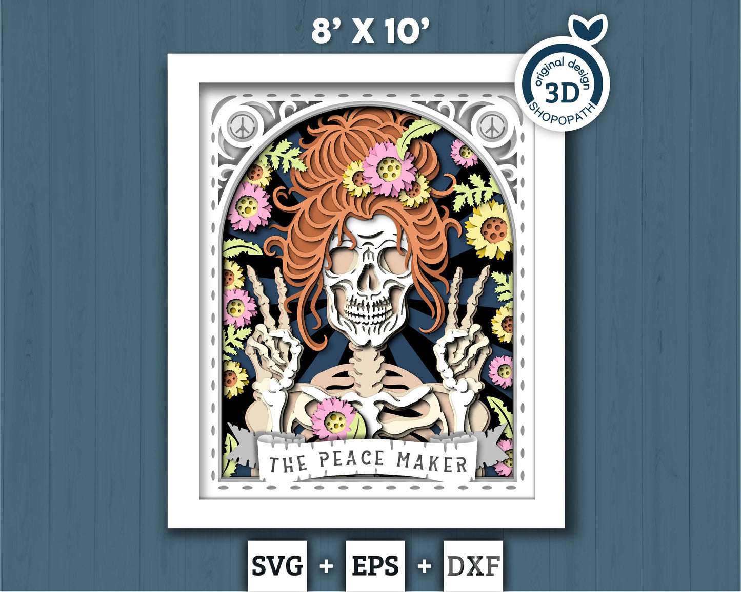 3D SVG Hippie Skeleton Tarot Card 8x10 Shadow Box, Halloween Shadow Box 3D Svg, Cards 3D SVG, Flowers 3d SVG, Tarot 3D Svg Cricut Silhouette