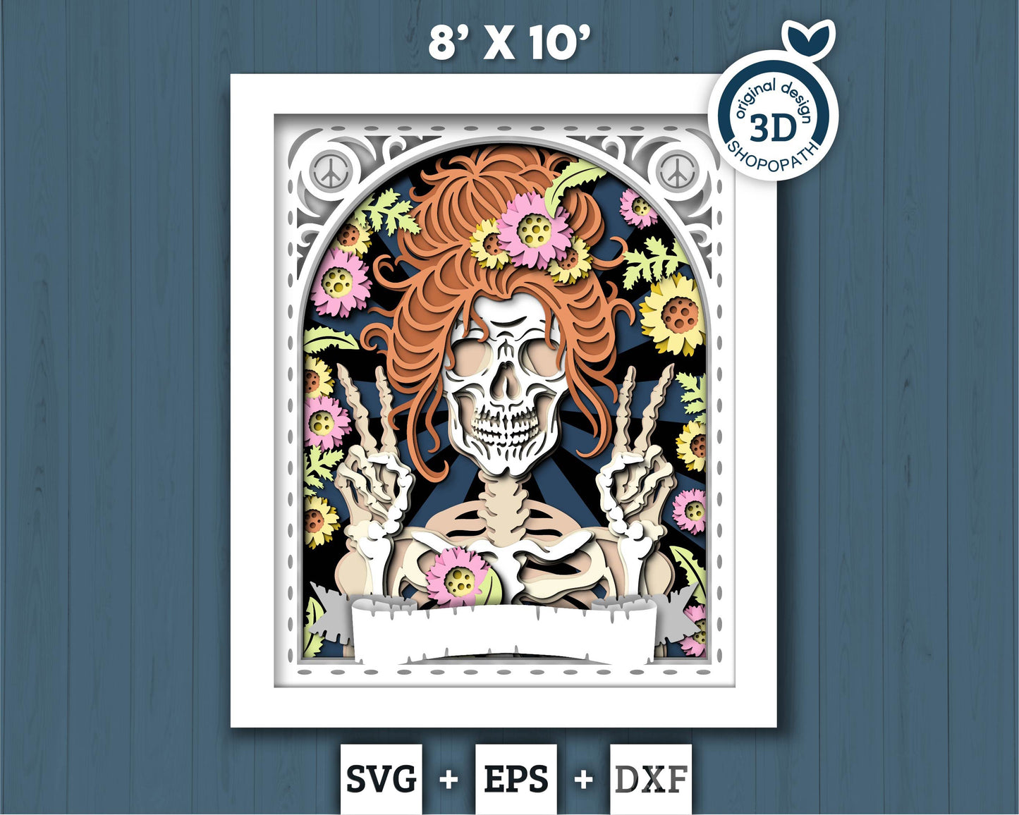 3D SVG Hippie Skeleton Tarot Card 8x10 Shadow Box, Halloween Shadow Box 3D Svg, Cards 3D SVG, Flowers 3d SVG, Tarot 3D Svg Cricut Silhouette
