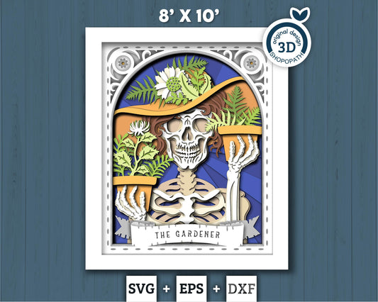 3D SVG Gardener Skeleton Tarot Card 8x10 Shadow Box, Halloween Shadow Box 3D Svg, Cards 3D SVG, Plant 3d SVG, Tarot 3D Svg Cricut Silhouette