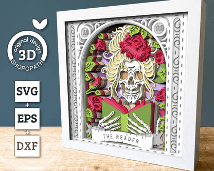 3D SVG Reader Skeleton Tarot Card Shadow Box, Halloween Shadow Box 3D Svg, Card Read 3D SVG, Books 3d SVG, Tarot 3D Svg, Cricut Silhouette