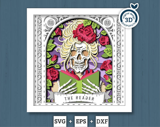 3D SVG Reader Skeleton Tarot Card Shadow Box, Halloween Shadow Box 3D Svg, Card Read 3D SVG, Books 3d SVG, Tarot 3D Svg, Cricut Silhouette