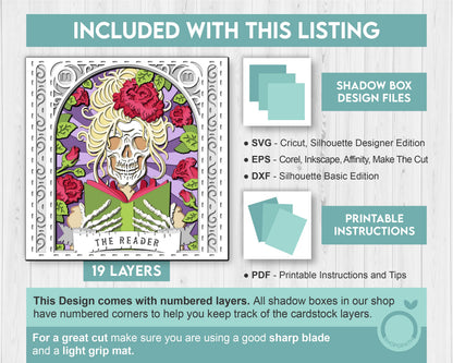 3D SVG Reader Skeleton Tarot Card Shadow Box, Halloween Shadow Box 3D Svg, Card Read 3D SVG, Books 3d SVG, Tarot 3D Svg, Cricut Silhouette