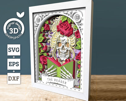 3D SVG Reader Skeleton Tarot Card 8x10 Shadow Box, Halloween Shadow Box 3D Svg, Cards SVG, Books 3d SVG, Tarot 3D Svg, Cricut Silhouette