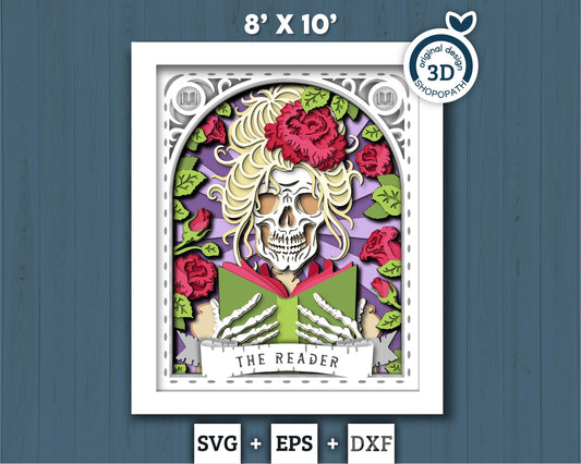 3D SVG Reader Skeleton Tarot Card 8x10 Shadow Box, Halloween Shadow Box 3D Svg, Cards SVG, Books 3d SVG, Tarot 3D Svg, Cricut Silhouette