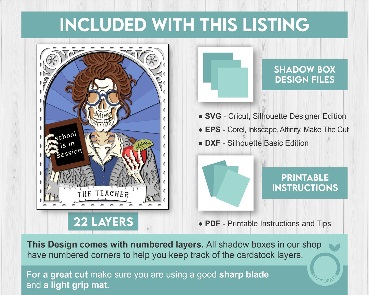 The Teacher Skeleton Tarot Card 8x10 inch - 3D Shadow Box Layered SVG DXF EPS (Cutting Files)