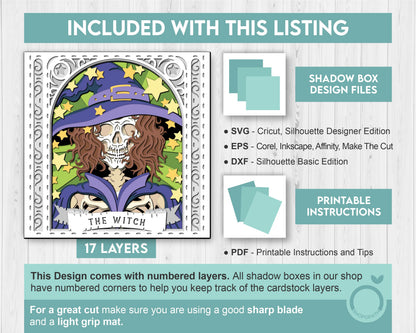 3D SVG Witch Skeleton Tarot Card Shadow Box, Halloween Shadow Box 3D Svg, Card Read 3D SVG, Witch 3d SVG, Tarot 3D Svg, Cricut Silhouette
