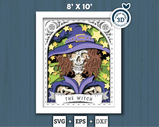 3D SVG Witch Skeleton Tarot Card 8x10 Shadow Box, Halloween Shadow Box 3D Svg, Cards SVG, Witch 3d SVG, Tarot 3D Svg, Cricut Silhouette