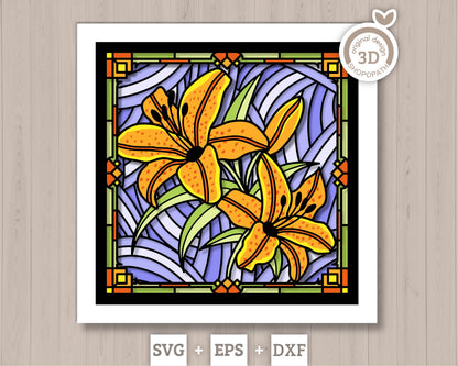 Tiger Lily Flower Stained Glass - 3D Shadow Box Layered SVG DXF EPS (Cutting Files)