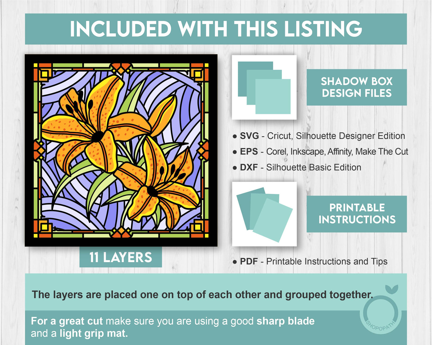 Tiger Lily Flower Stained Glass - 3D Shadow Box Layered SVG DXF EPS (Cutting Files)