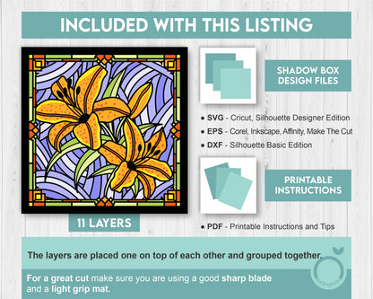 Tiger Lily Flower Stained Glass - 3D Shadow Box Layered SVG DXF EPS (Cutting Files)