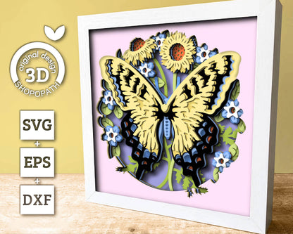 3D Butterfly Shadow Box SVG, Tiger Swallowtail 3D Svg, Layered Corn Marigold SVG, Spring Shadow Box,3D Floral Papercut svg Cricut Silhouette