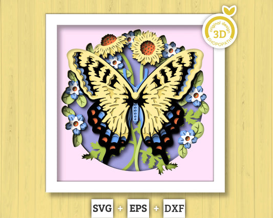 3D Butterfly Shadow Box SVG, Tiger Swallowtail 3D Svg, Layered Corn Marigold SVG, Spring Shadow Box,3D Floral Papercut svg Cricut Silhouette