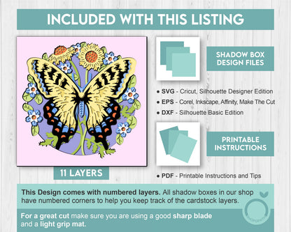 3D Butterfly Shadow Box SVG, Tiger Swallowtail 3D Svg, Layered Corn Marigold SVG, Spring Shadow Box,3D Floral Papercut svg Cricut Silhouette