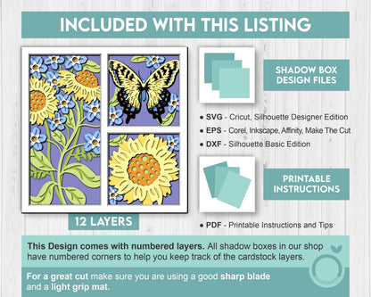3D Butterfly Shadow Box SVG, Layered Corn Marigold SVG, Spring Shadow Box, Tiger Swallowtail 3D Svg,3D Floral Papercut svg Cricut Silhouette
