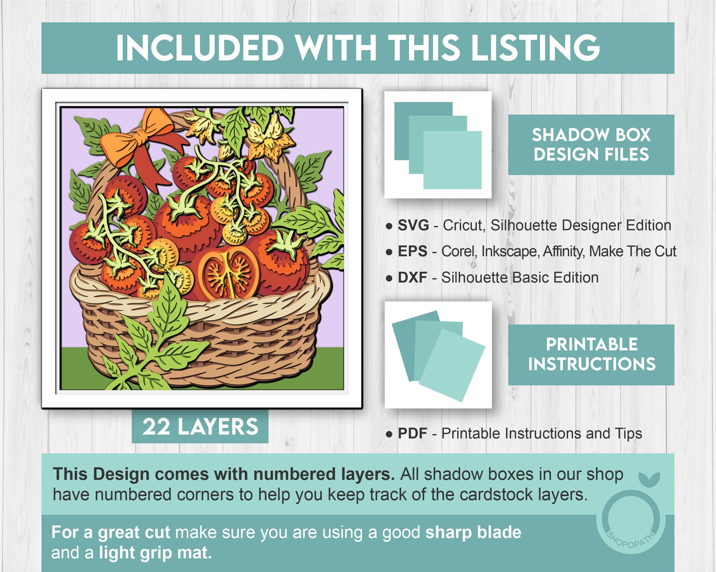Basket with Tomatoes and Flowers - 3D Shadow Box Layered SVG DXF EPS (Cutting Files)