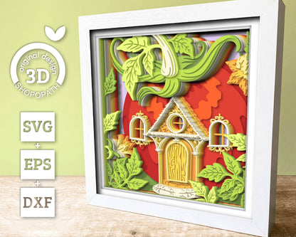 Tomato Fantasy House with Vines - 3D Shadow Box Layered SVG DXF EPS (Cutting Files)