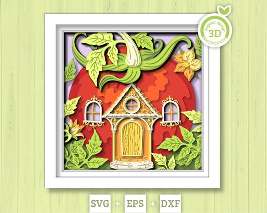 Tomato Fantasy House with Vines - 3D Shadow Box Layered SVG DXF EPS (Cutting Files)