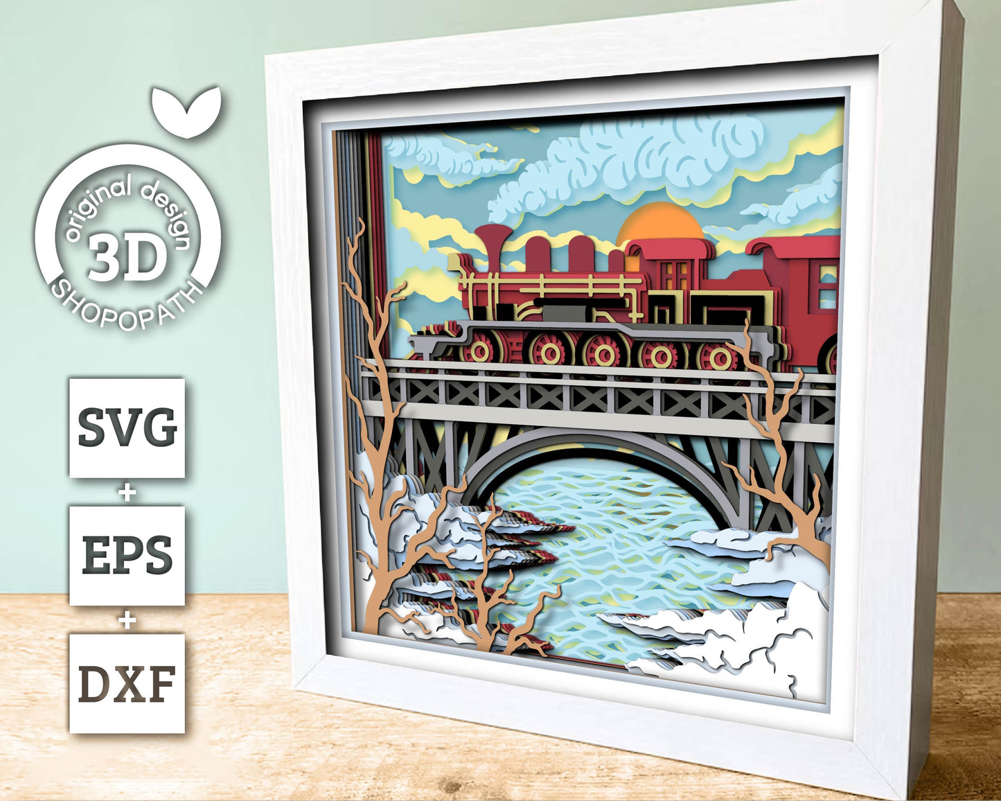 3D SVG Winter Train On Bridge Shadow Box, Train Shadow Box, Layered Winter 3d Svg, Bridge 3D Svg, Winter Shadow Box 3d Svg Cricut Silhouette