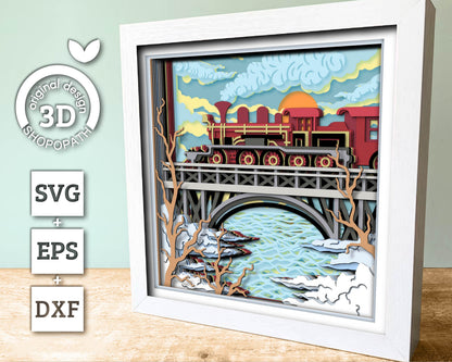3D SVG Winter Train On Bridge Shadow Box, Train Shadow Box, Layered Winter 3d Svg, Bridge 3D Svg, Winter Shadow Box 3d Svg Cricut Silhouette