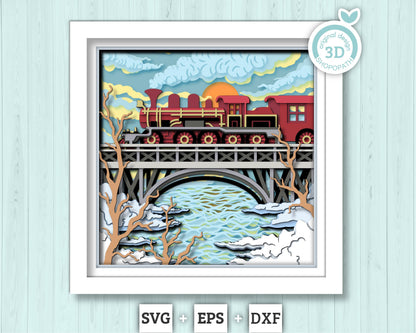 3D SVG Winter Train On Bridge Shadow Box, Train Shadow Box, Layered Winter 3d Svg, Bridge 3D Svg, Winter Shadow Box 3d Svg Cricut Silhouette