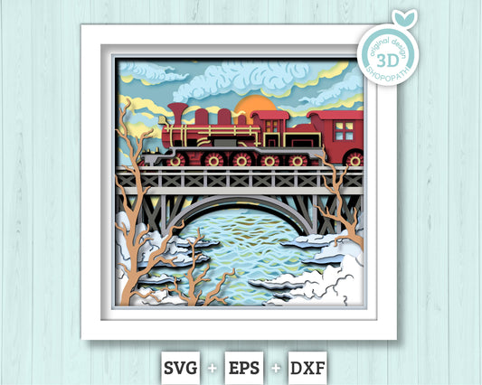 3D SVG Winter Train On Bridge Shadow Box, Train Shadow Box, Layered Winter 3d Svg, Bridge 3D Svg, Winter Shadow Box 3d Svg Cricut Silhouette