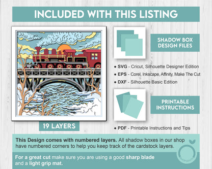 3D SVG Winter Train On Bridge Shadow Box, Train Shadow Box, Layered Winter 3d Svg, Bridge 3D Svg, Winter Shadow Box 3d Svg Cricut Silhouette