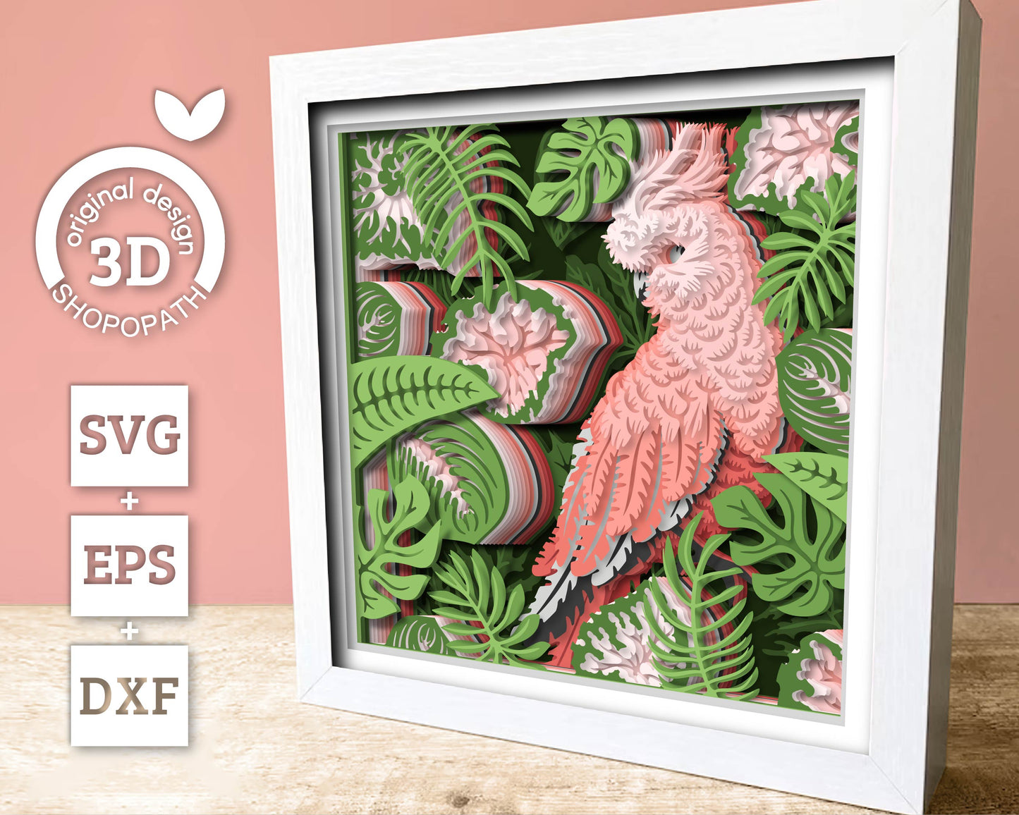 Cockatoo Shadow with Tropical Plants - 3D Shadow Box Layered SVG DXF EPS (Cutting Files)