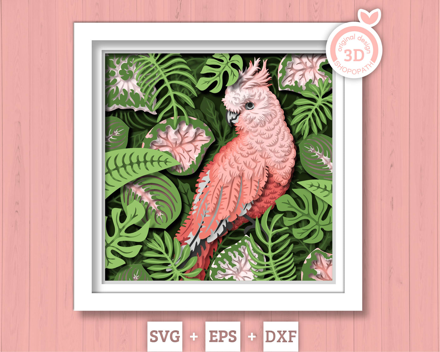 Cockatoo Shadow with Tropical Plants - 3D Shadow Box Layered SVG DXF EPS (Cutting Files)