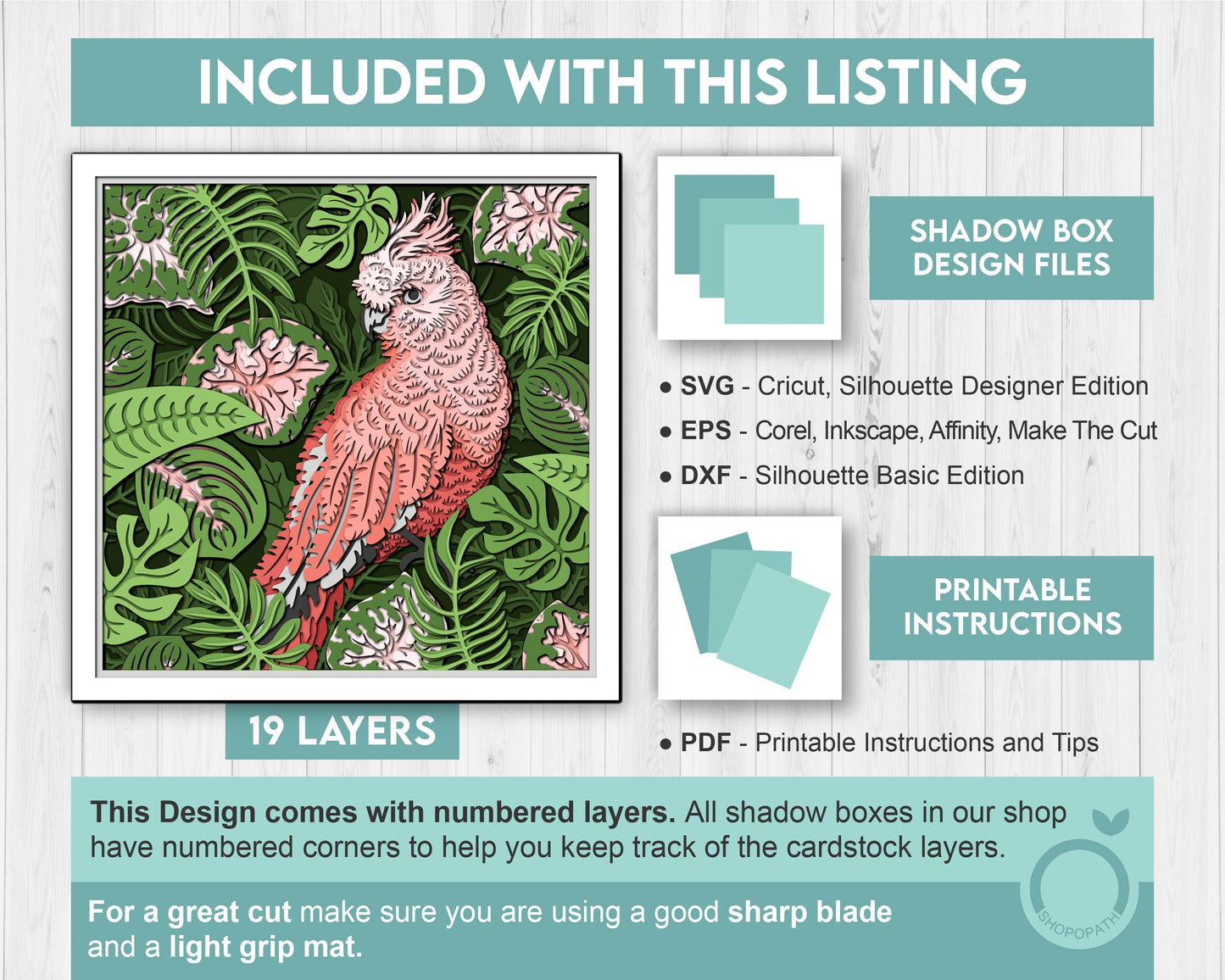 Cockatoo Shadow with Tropical Plants - 3D Shadow Box Layered SVG DXF EPS (Cutting Files)