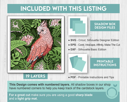 Cockatoo Shadow with Tropical Plants - 3D Shadow Box Layered SVG DXF EPS (Cutting Files)