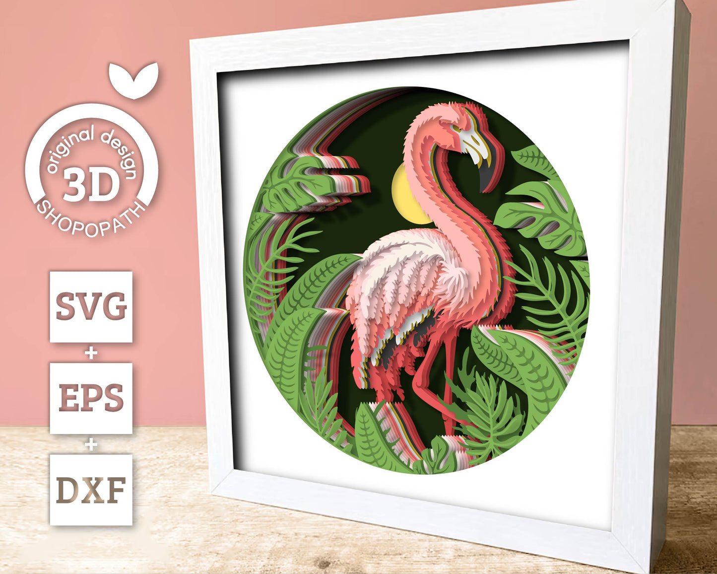Flamingo Shadow Box 3D SVG with Tropical Plants, Monstera, Anthurium, Alocasia and Philodendron, DXF EPS Files for Cricut Silhouette Brother