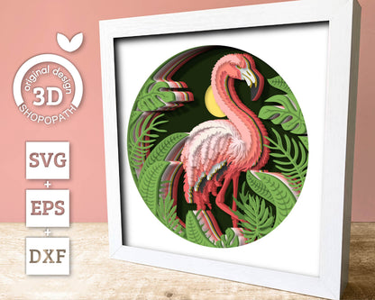 Flamingo Shadow Box 3D SVG with Tropical Plants, Monstera, Anthurium, Alocasia and Philodendron, DXF EPS Files for Cricut Silhouette Brother