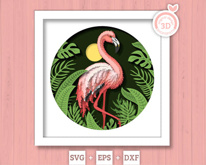 Flamingo Shadow Box 3D SVG with Tropical Plants, Monstera, Anthurium, Alocasia and Philodendron, DXF EPS Files for Cricut Silhouette Brother