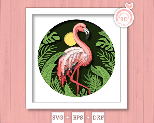 Flamingo Shadow Box 3D SVG with Tropical Plants, Monstera, Anthurium, Alocasia and Philodendron, DXF EPS Files for Cricut Silhouette Brother