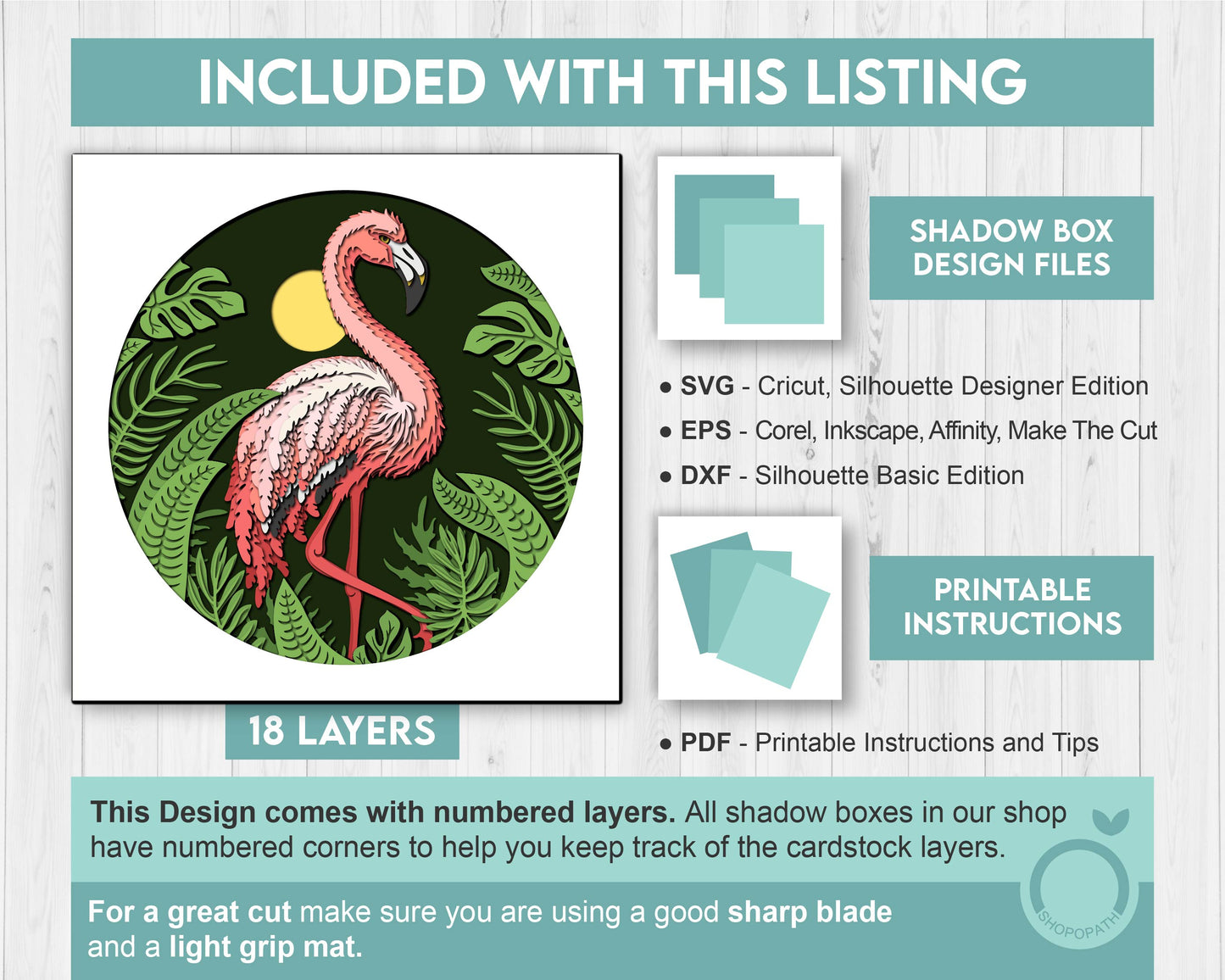 Flamingo Shadow Box 3D SVG with Tropical Plants, Monstera, Anthurium, Alocasia and Philodendron, DXF EPS Files for Cricut Silhouette Brother