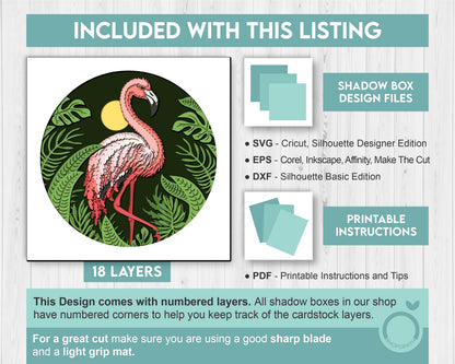Flamingo Shadow Box 3D SVG with Tropical Plants, Monstera, Anthurium, Alocasia and Philodendron, DXF EPS Files for Cricut Silhouette Brother