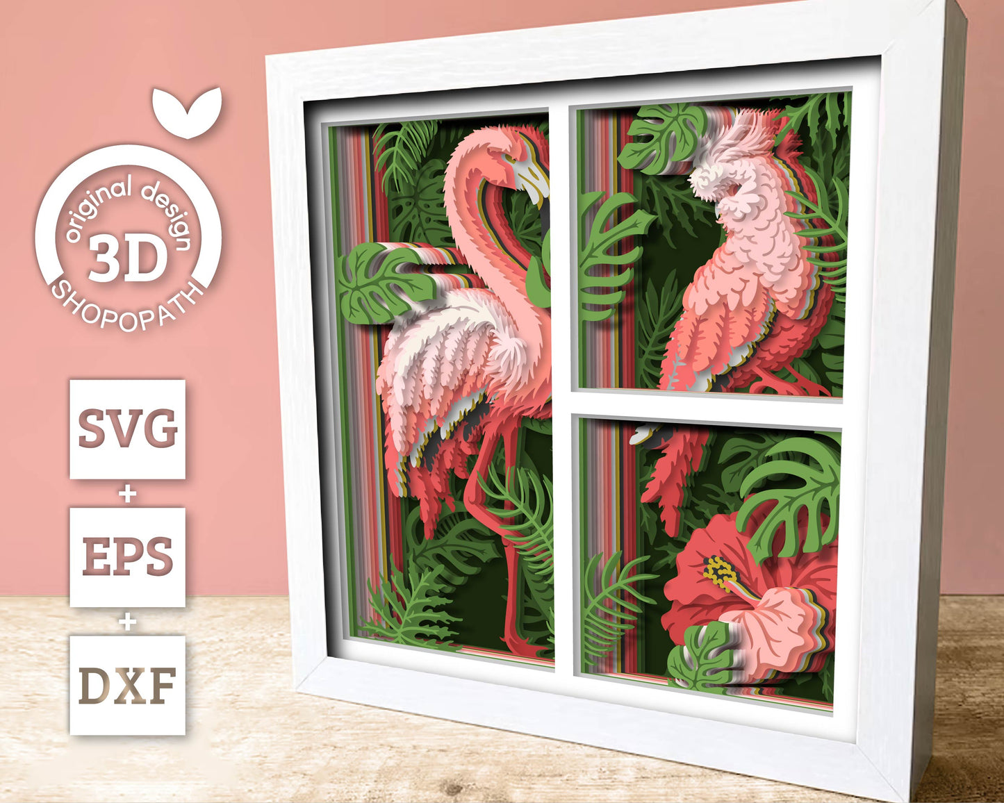 Flamingo and Cockatoo Shadow Box 3D SVG with Tropical Plants, Hibiscus Flower and Monstera leafs DXF EPS Files for Cricut Silhouette Brother