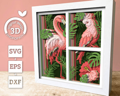 Flamingo and Cockatoo Shadow Box 3D SVG with Tropical Plants, Hibiscus Flower and Monstera leafs DXF EPS Files for Cricut Silhouette Brother