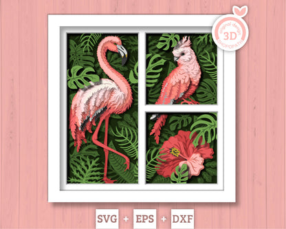 Flamingo and Cockatoo Shadow Box 3D SVG with Tropical Plants, Hibiscus Flower and Monstera leafs DXF EPS Files for Cricut Silhouette Brother