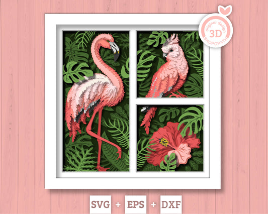 Flamingo and Cockatoo Shadow Box 3D SVG with Tropical Plants, Hibiscus Flower and Monstera leafs DXF EPS Files for Cricut Silhouette Brother
