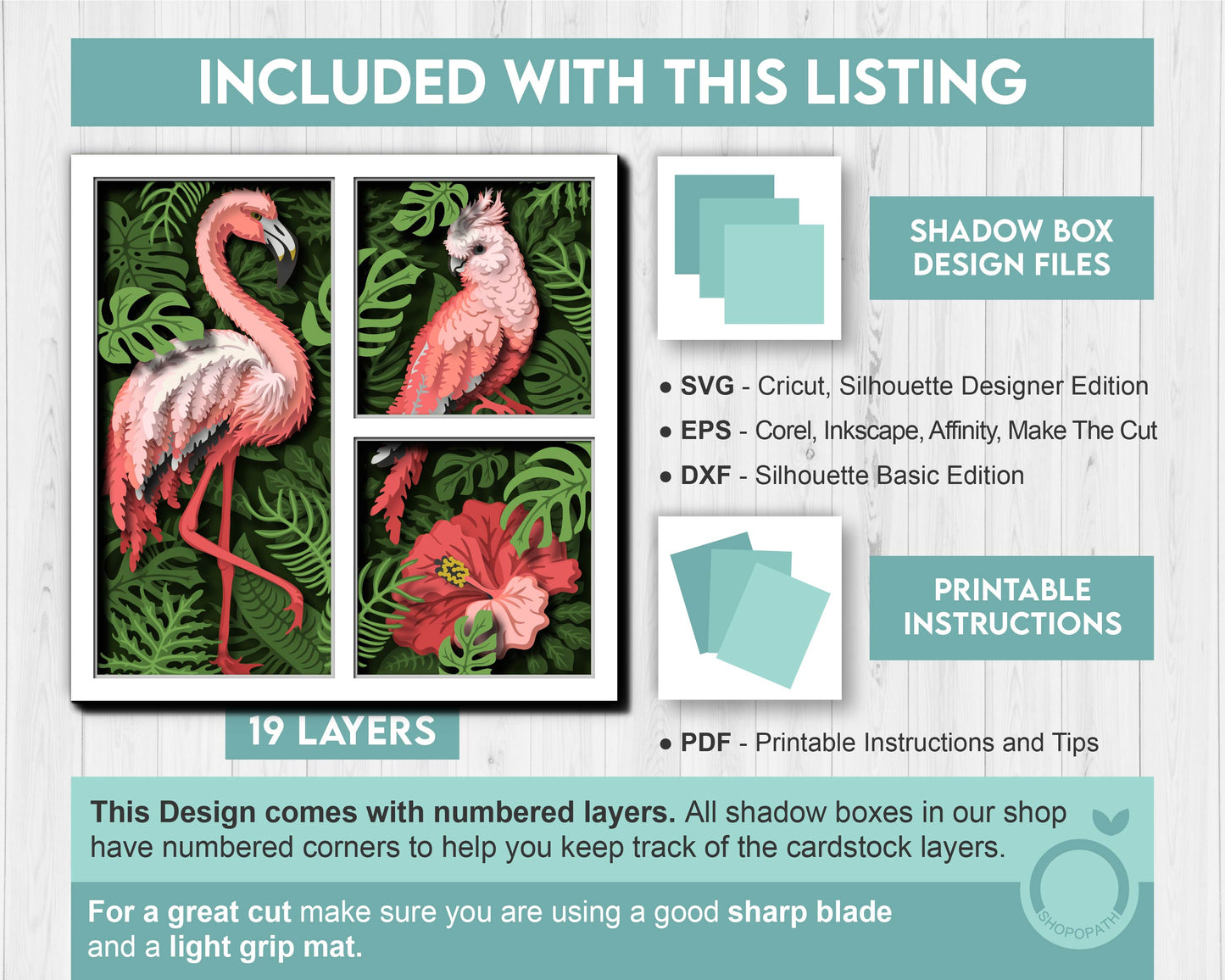 Flamingo and Cockatoo Shadow Box 3D SVG with Tropical Plants, Hibiscus Flower and Monstera leafs DXF EPS Files for Cricut Silhouette Brother