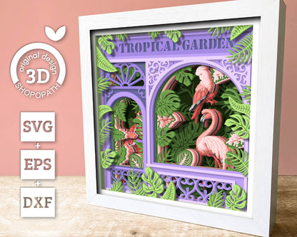Tropical Plants Store Shadow Box 3D SVG with Monstera, Hibiscus Flower, Flamingo and Cockatoo, DXF EPS Files for Cricut Silhouette Brother