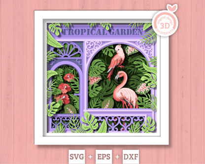 Tropical Plants Store Shadow Box 3D SVG with Monstera, Hibiscus Flower, Flamingo and Cockatoo, DXF EPS Files for Cricut Silhouette Brother