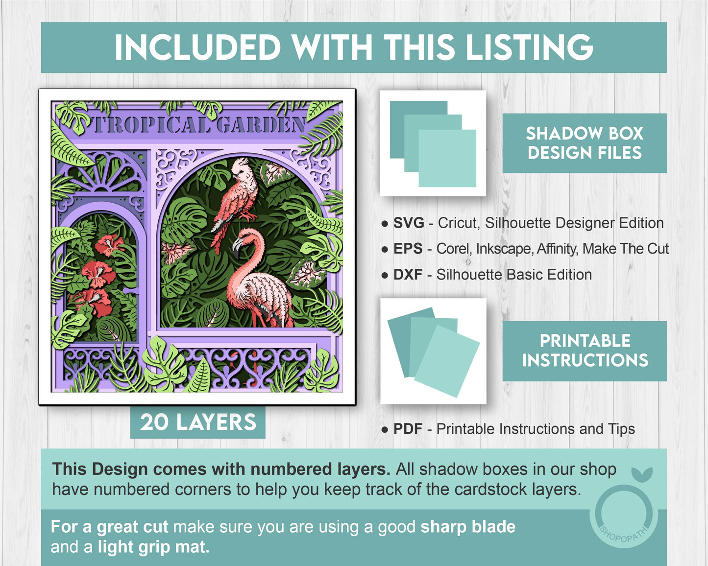 Tropical Plants Store Shadow Box 3D SVG with Monstera, Hibiscus Flower, Flamingo and Cockatoo, DXF EPS Files for Cricut Silhouette Brother