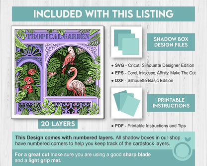 Tropical Plants Store Shadow Box 3D SVG with Monstera, Hibiscus Flower, Flamingo and Cockatoo, DXF EPS Files for Cricut Silhouette Brother