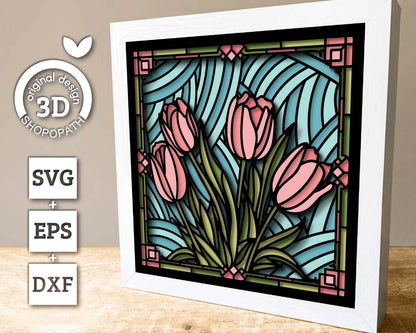 Tulip Flowers Stained Glass - 3D Shadow Box Layered SVG DXF EPS (Cutting Files)