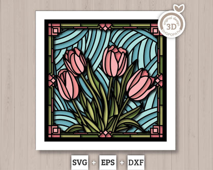 Tulip Flowers Stained Glass - 3D Shadow Box Layered SVG DXF EPS (Cutting Files)
