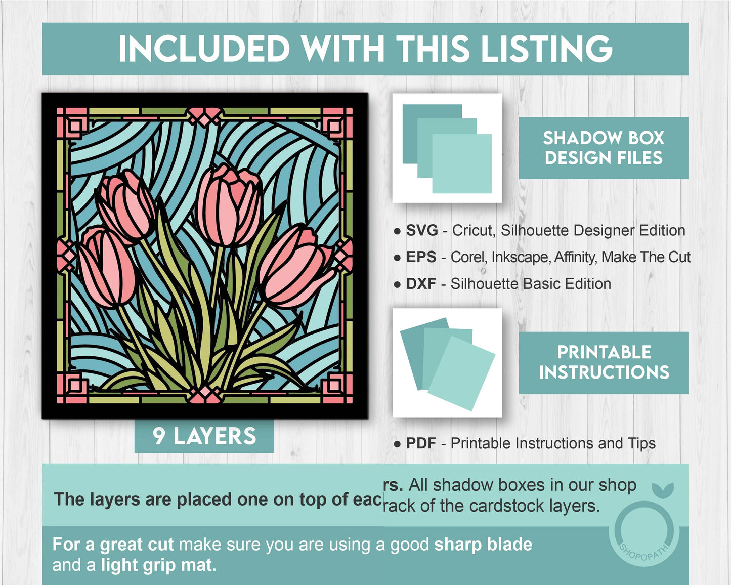 Tulip Flowers Stained Glass - 3D Shadow Box Layered SVG DXF EPS (Cutting Files)